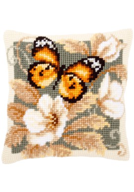Kruissteekkussen Pakket oranje vlinder en witte bloemen   40x40 cm 